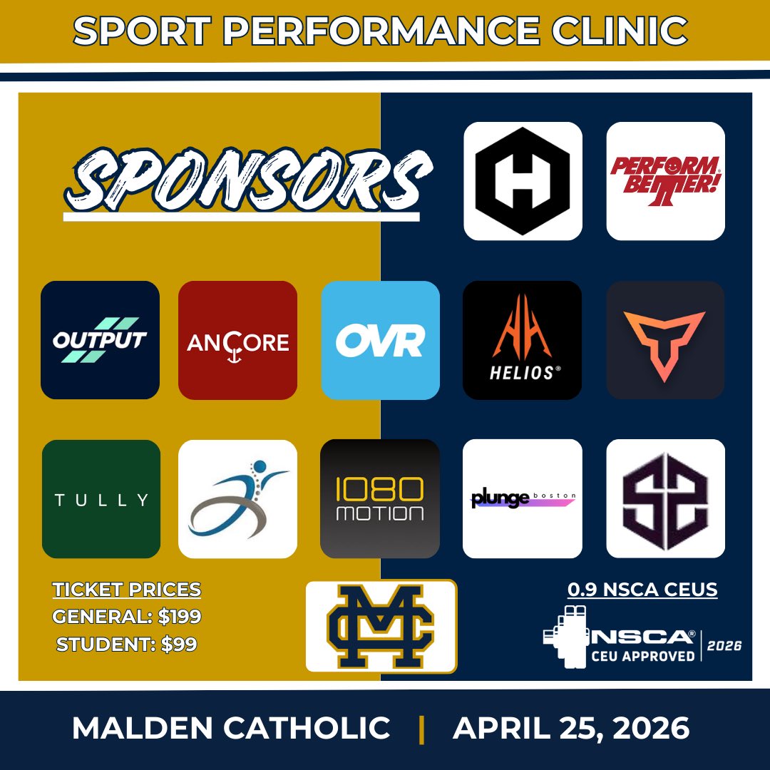 All these speakers.
All these sponsors.
1 day event.
0.9 NSCA CEUs.
Packed with education.

🎟️ Level up with us: maldencatholic.org/athletics/stre…