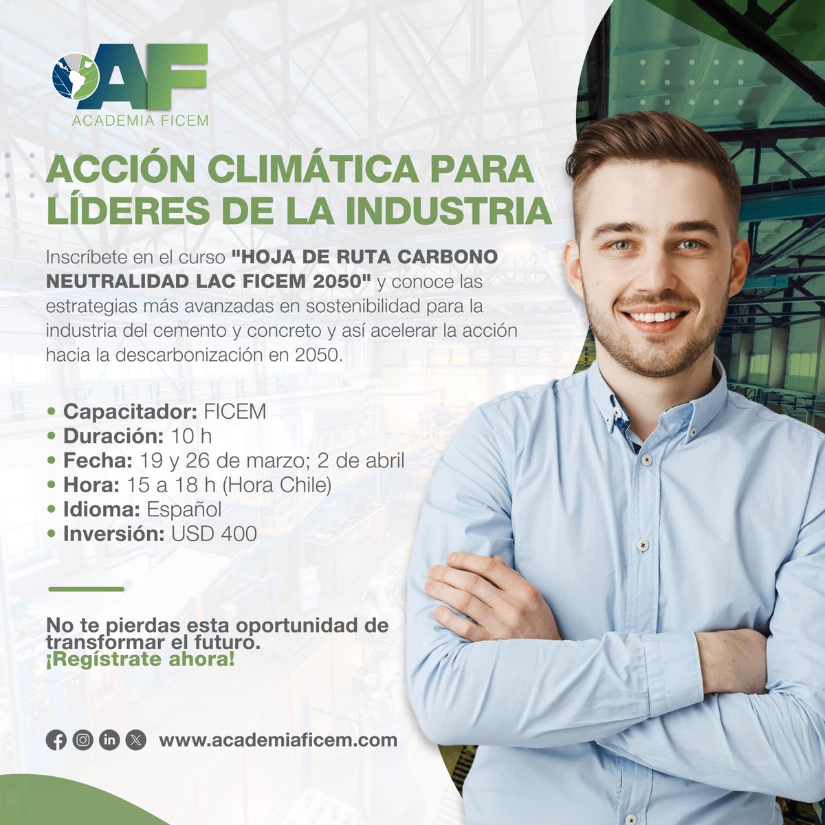 AcademiaFICEM's tweet photo. ¡CUPOS LIMITADOS!

Inscríbete en el curso "HOJA DE RUTA CARBONO NEUTRALIDAD LAC FICEM 2050" y prepárate con las estrategias más avanzadas para liderar la sostenibilidad y alcanzar la carbono-neutralidad en 2050.

✅ Capacitador: FICEM
📅 Fechas: 19 y 26 de marzo; 2 de abril 2026
⏰ Horario: 15 a 18 h (Hora Chile)
🌐 Idiomas: Español 
💰 Inversión: USD 400
🎯 ¡Haz que tu impacto cuente!
👉 Inscríbete ahora: https://t.co/P4dCYtD4nS

#FICEM #AcademiaFICEM #Capacitación #FormaciónContinua #DesarrolloProfesional #IndustriaCemento #Concreto #cemento