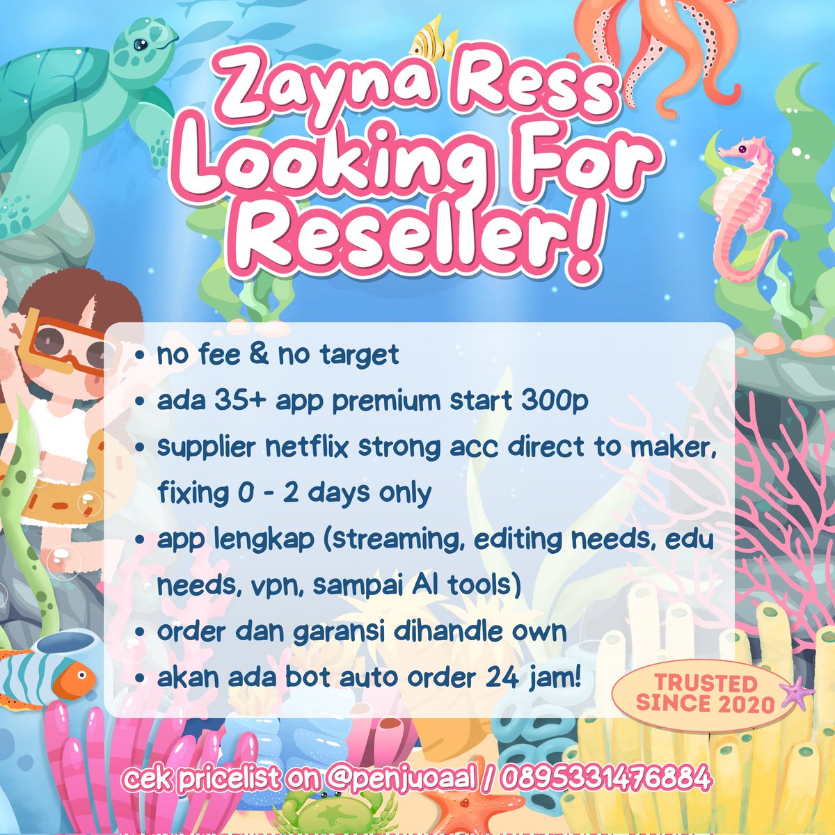 hrumfiy's tweet photo. 𐚁 ... ZAYNA RESS LOOKING FOR RESSELLER 💌

꩜ ada 40+ app start 300p 
꩜ netflix strong acc, fixing 0 - 2 days 
꩜ open sehabis sahur - tengah malam 
꩜ soon akan ada bot auto order 24 jam >__<

╰─  📬 ꒱ cek pricelist on https://t.co/1zDlvQ4MYL ♡ #zonauang https://t.co/YN94Bp7SbW