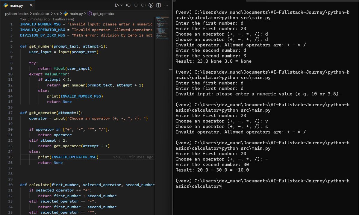 dev_muhd's tweet image. Day 5 / 100DaysOfCode
Missed posting yesterday — exam prep + debugging ate the day.
Fixed input validation and operator handling in my Python calculator.
Quiet work, real progress. Back on track.
#100DaysOfCode #Python #LearningInPublic #Consistency