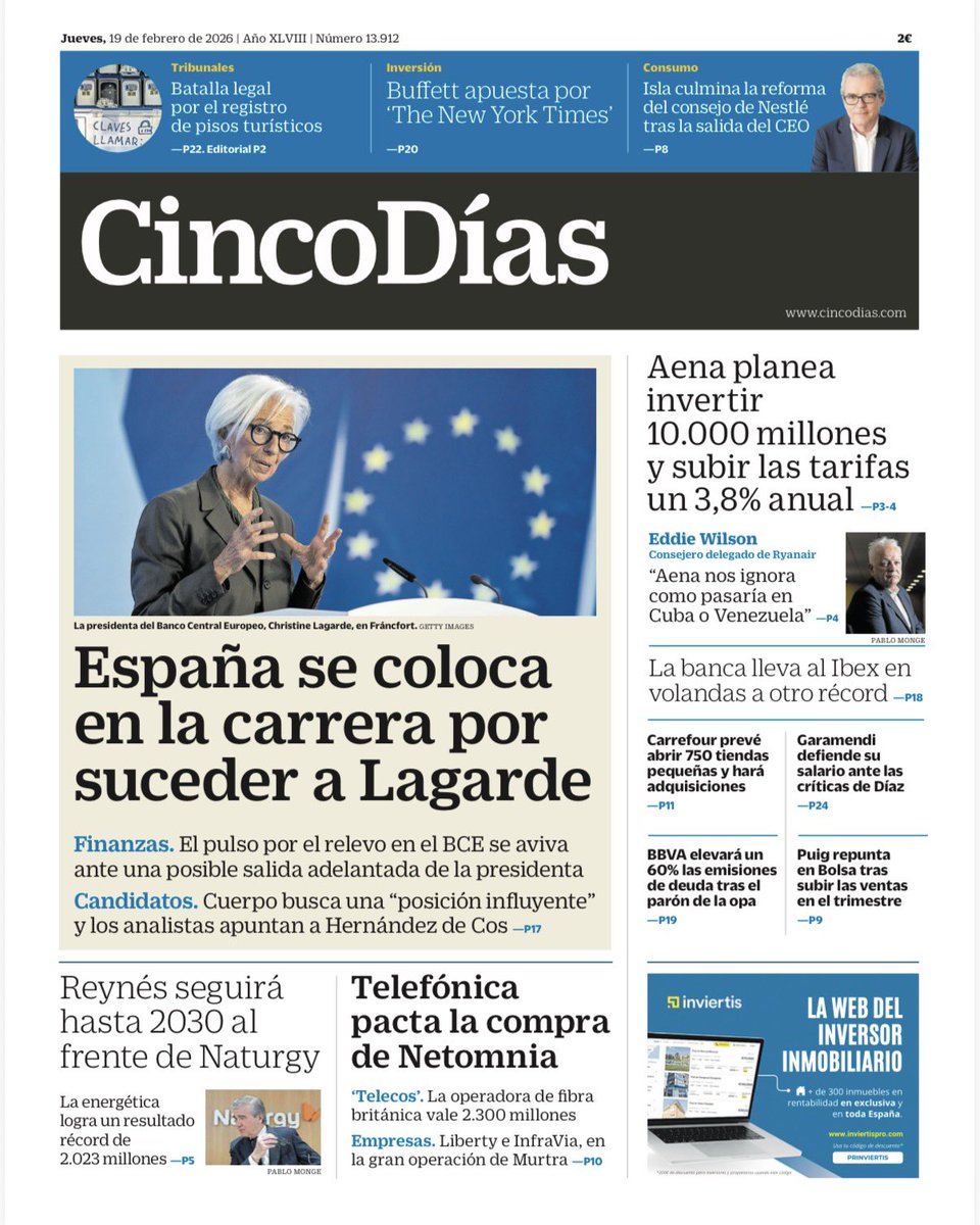 #BCE #ChristineLagarde #PabloHernándezdeCos #Naturgy #FranciscoReinés #Telefónica #Netomnia #Aena #Ryanair #banca #Ibex #Carrefour #BBVA #AntonioGaramendi #YolandaDíaz #Puig #PabloIsla #Nestlé #WarrenBuffett #TheNewYorkTimes #pisosturísticos