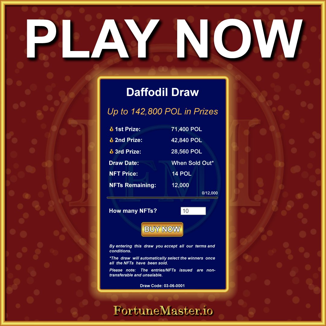 The4tuneMaster's tweet photo. Got 14 POL? Then you've got a chance!

One draw NFT, three winners, and 142,800 POL in the prize pool.

Simple as that!

👉 Play here: https://t.co/p6AbAHO7Qv

#PrizeDraw #play2earn https://t.co/FRrOLWFXAq