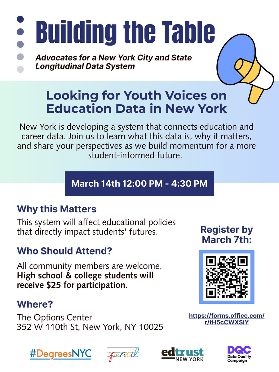 degreesnycYC's tweet photo. Join us on 3/14 for the Building the Table Stakeholder Convening! 📣 ✨

We’ll talk about Statewide Longitudinal Data Systems (SLDS): what they are, why they matter, and how students can use them to make decisions about their futures. 

RSVP via link or QR code on the flyer. https://t.co/mEPdVudjdj