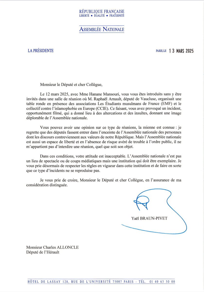 CHAlloncle's tweet image. En mars dernier, avec ma courageuse collègue @hanane_mnsr, nous avions protesté, pacifiquement, contre l’invitation d’islamistes à l’Assemblée nationale, à l’initiative de Raphaël Arnault.  

Son collaborateur Jacques-Élie Favrot, aujourd’hui suspecté d’avoir donné des coups