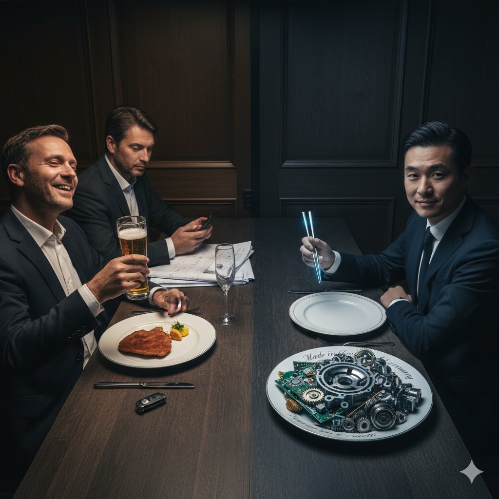 In China essen sie Deutsche. 

Nicht mit Stäbchen. Mit Daten. 

Und wir reichen freiwillig das Besteck dazu.

Ich war jahrelang auf der IAA. 
Jedes Mal dasselbe Bild. 
Bernd und Detlef haben Champagner getrunken und Reden gehalten. 
Daneben standen chinesische Delegationen.