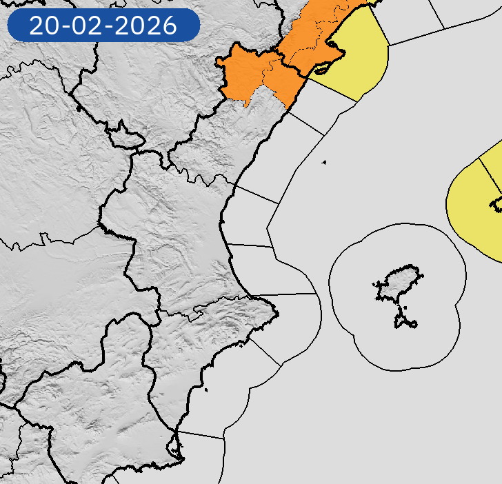 AEMET_CValencia's tweet photo. 19/02 00:06 AVISOS HOY Y MAÑANA | Comunitat Valenciana: vientos. Nivel máximo de aviso: naranja.
Actualizaciones en https://t.co/R3Fs2JzKgr https://t.co/uiMCAllmBy