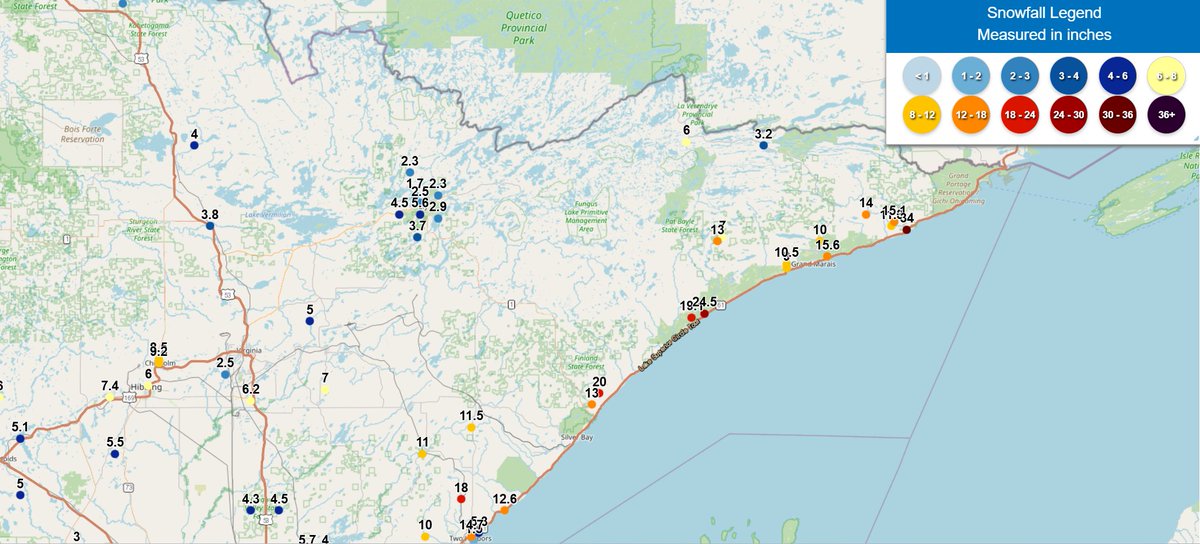 seth_kaplan's tweet image. NEAR RECORD! Hovland, MN is now at 34” of snow. Hovland is 18 miles northeast of Grand Marais.

That’s just 2 inches short of the all-time record for MN snowfall in 24 hours! 

The record: 36" on January 7, 1994 near Finland, which is ten miles north of Silver Bay.