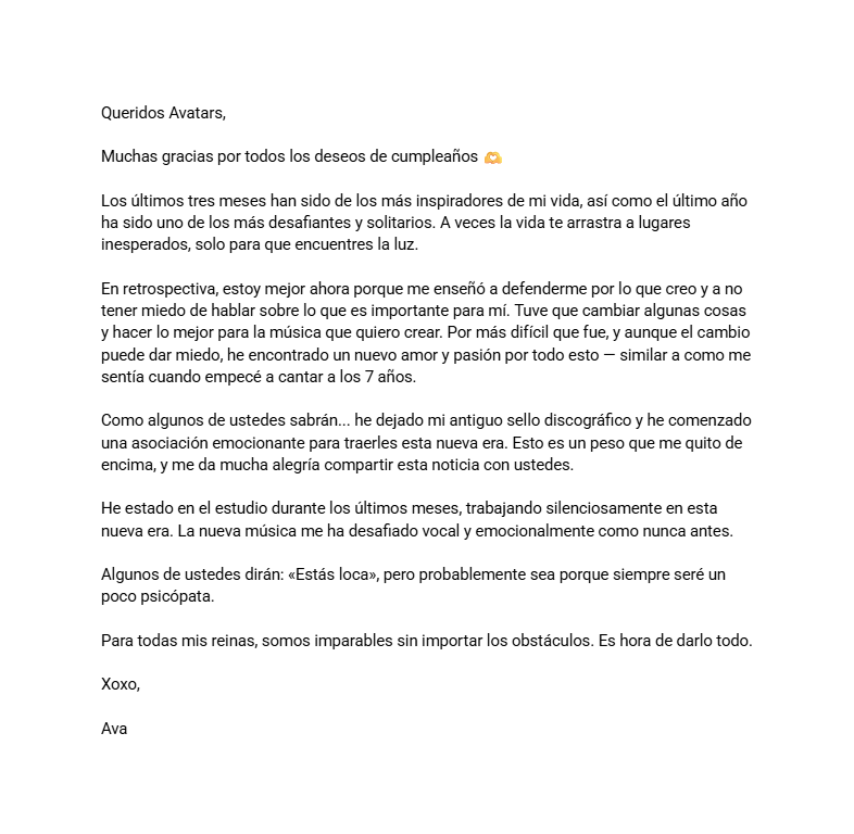 AvaMaxLatam's tweet photo. 💬 | @AvaMax ha confirmado que dejó Atlantic Records y que ha estado trabajando silenciosamente en su cuarto álbum de estudio durante los últimos meses.

(El mensaje fue traducido y obtenido de su última publicación de Instagram.) https://t.co/PlJJfYH9iU
