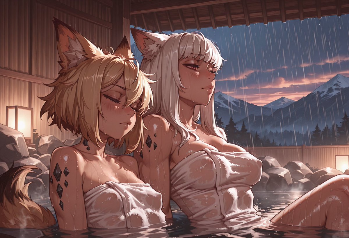 jondogens's tweet photo. Fox and crocs, enjoying an onsen soak in the rain!

Vermeil, Frostleaf, Gavial, and Tomimi

#Arknights #アークナイツ