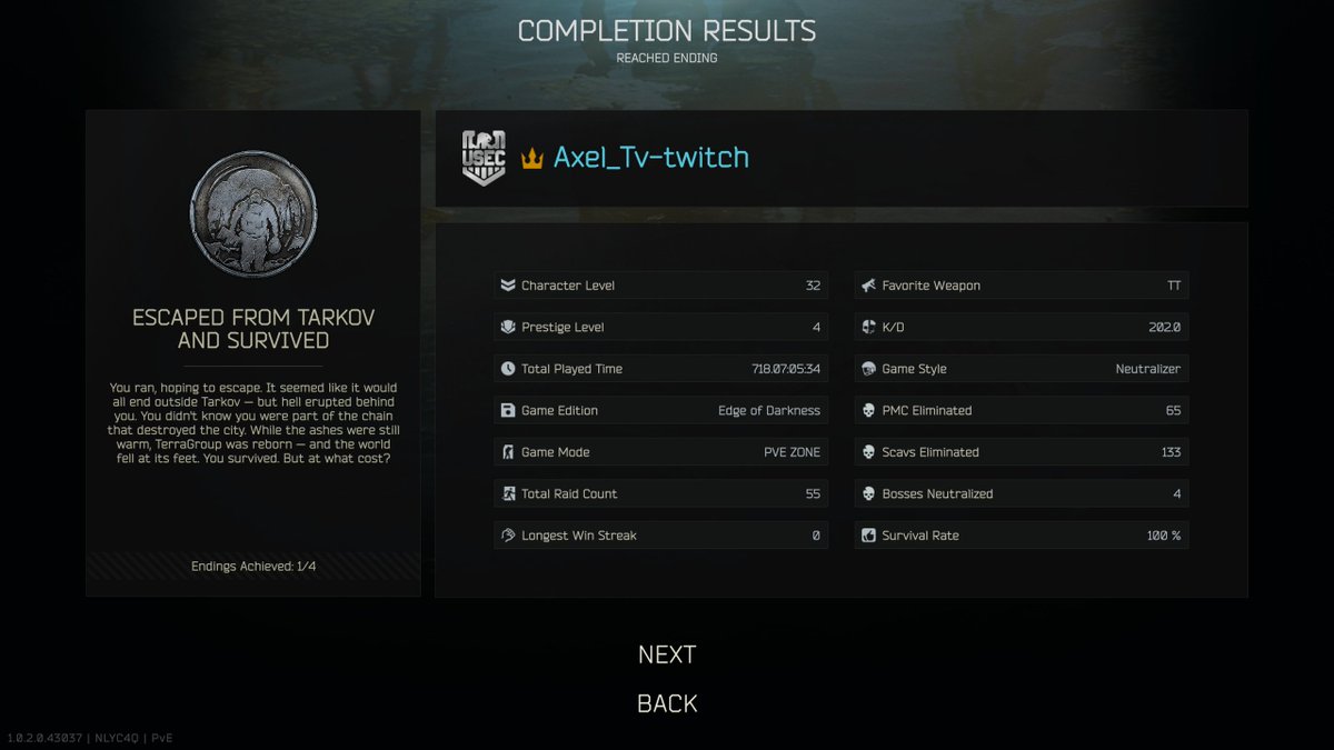 axel__tv's tweet photo. Escaped from Tarkov in 1 life. 0 deaths. https://t.co/OapWofVdZK