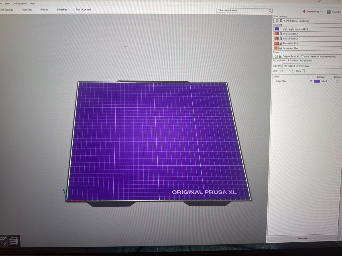 reprinted3D's tweet image. Alright.

I’ve re-run All the Z calibration tests in the firmware on my @Prusa3D #XL5T. I’ve created a first-layer test cube of 355mm x 355mm x 0.2mm in @PrusaSlicer. I’m also putting the @SliceEngineer  #NPA-coated @WhamBamSystems smooth #PEX sheet, on the printer, and using the