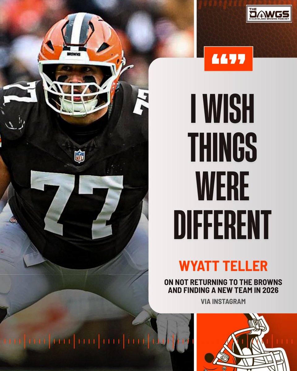 thedawgspodcast's tweet photo. In a heartfelt post, Wyatt Teller announced on Instagram that he won’t be returning to the Browns in 2026.

"I wish things were different and this is hard to put into words…while we are excited and look forward to what the future holds, Cleveland will always have a special place in our hearts. As always…Go Browns!"

Teller has been one of our favorite players since he arrived here in 2019. It’s been a fun 7 seasons watching 77 on the field.