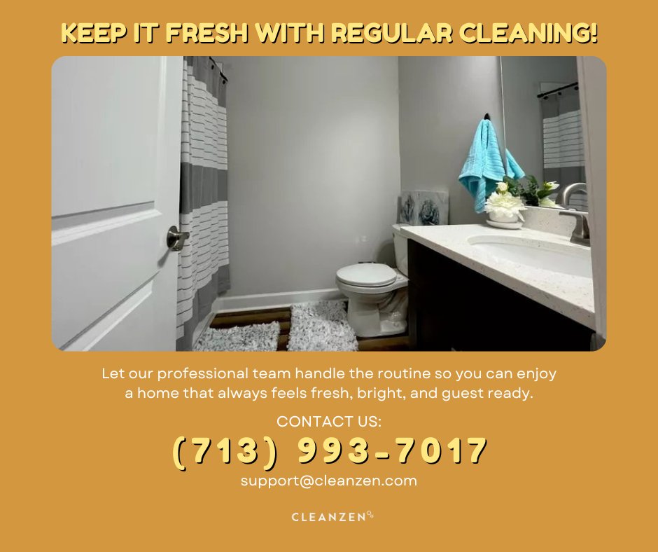 CleanzenH's tweet photo. Keep It Fresh with Regular Cleaning ✨
Book your regular cleaning today!
#Fresh #RegularClean #Cleanzen #Houston #CleanzenHouston #Spotless #Bathroom #FreshFloors #SanitizedSurfaces #WelcomingSpace https://t.co/LIImosqLZz