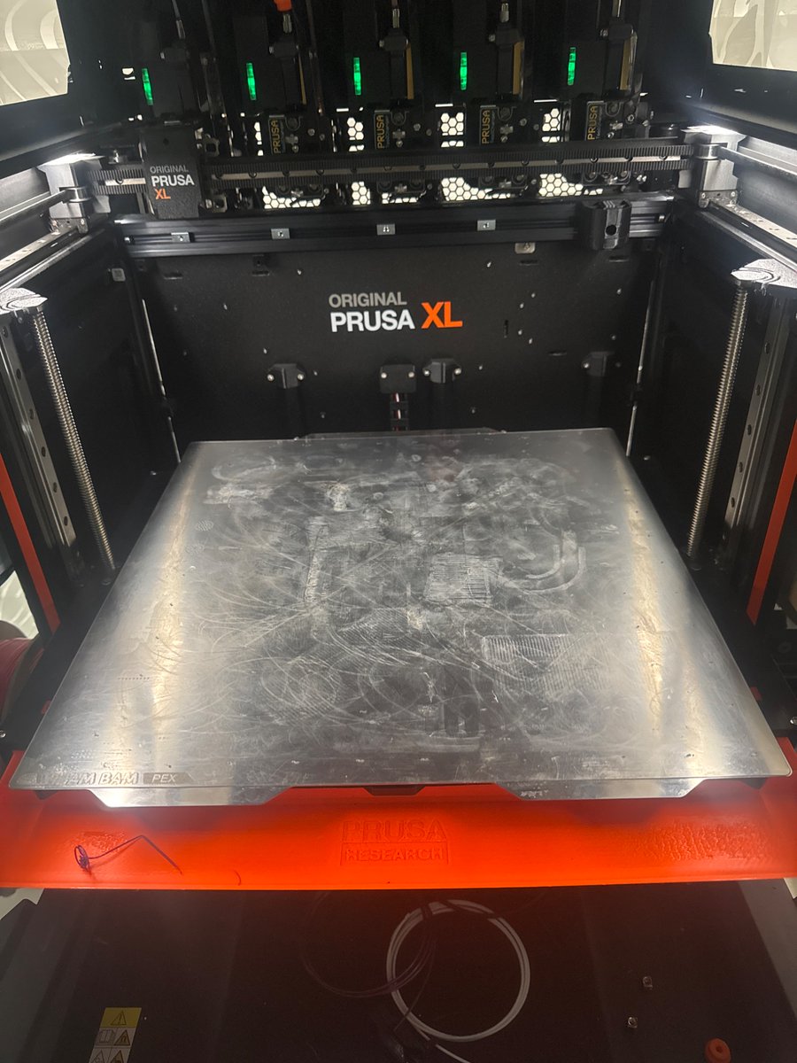 reprinted3D's tweet image. Alright.

I’ve re-run All the Z calibration tests in the firmware on my @Prusa3D #XL5T. I’ve created a first-layer test cube of 355mm x 355mm x 0.2mm in @PrusaSlicer. I’m also putting the @SliceEngineer  #NPA-coated @WhamBamSystems smooth #PEX sheet, on the printer, and using the