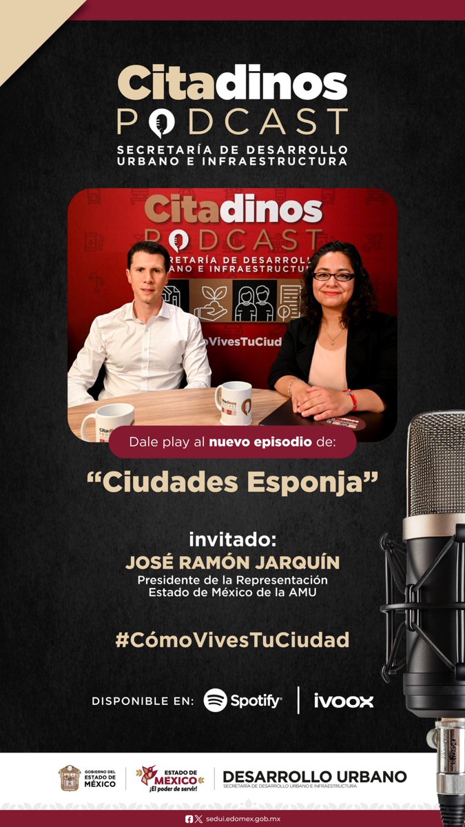 SEDUIEdomex's tweet photo. 🎙️🌆 Nuevo episodio de Citadinos Podcast
Nuestra host Kat Fuentes plática con José Ramón Jarquín sobre las “Ciudades Esponja” y su impacto en la vida urbana.
▶️ Dale play y cuéntanos #CómoVivesTuCiudad: https://t.co/TiUV57VOpr
#ElPoderDeServir https://t.co/kqK0WAlUKL