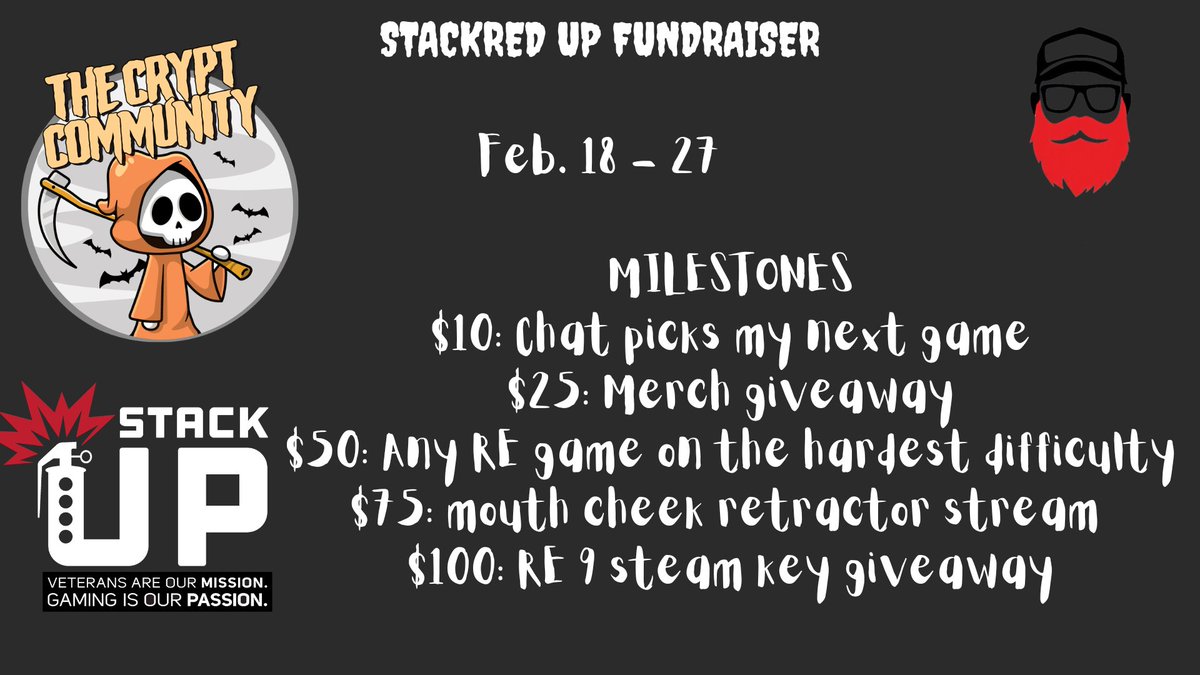 Fundraising for
<a href="/StackUpDotOrg/">Stack Up</a> with @CryptCommunity. #stackupdotorg #charity #fundraiser #HorrorCommunity #indiehorror #horrorstreamer