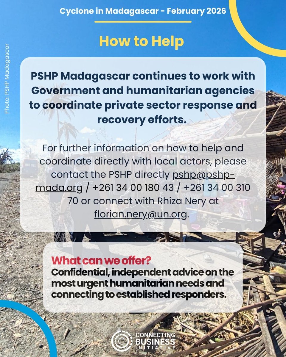 Connecting_biz's tweet photo. 🌀Want to know more about how business is stepping up to support cyclone response in Madagascar &amp; how you can help?

PSHP Madagascar, the CBI Member Network, has been coordinating private sector response, from early warning messages to assessments, logistics support &amp; more. https://t.co/H5ZOjmj7cy