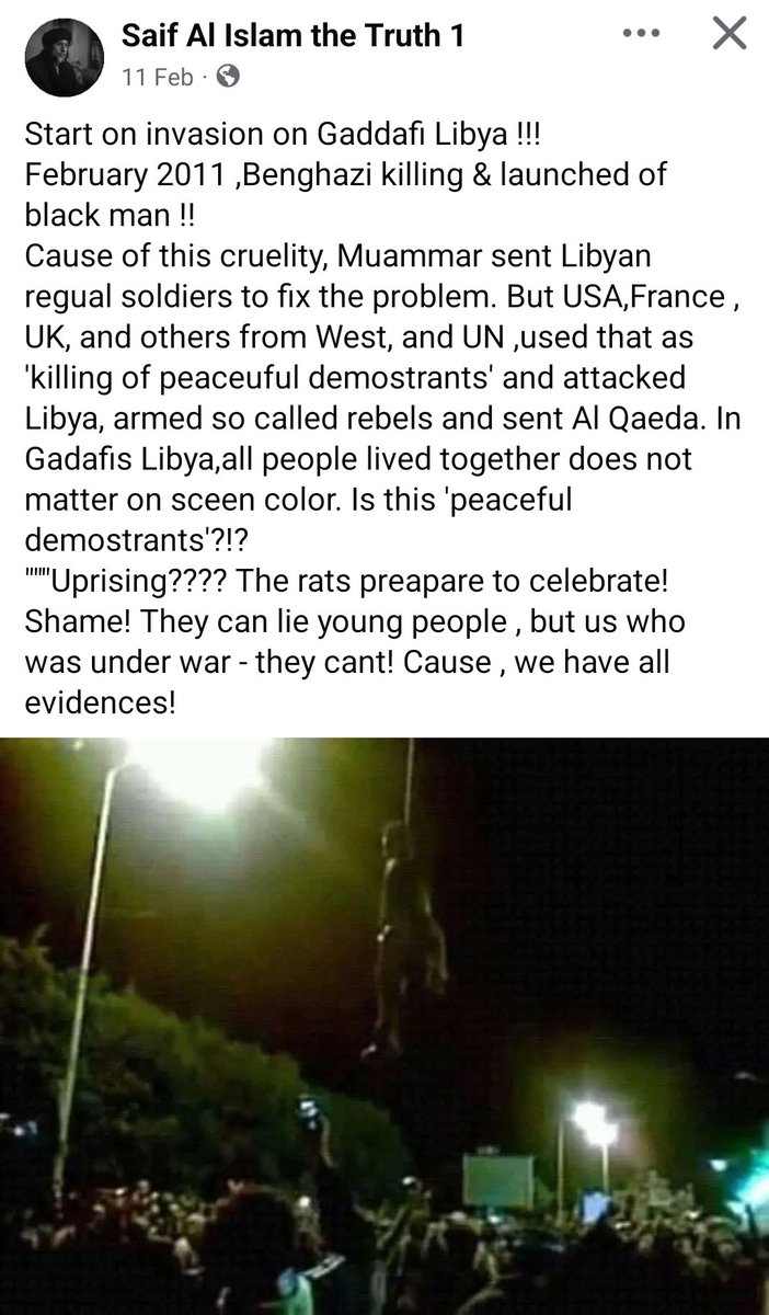 Wajddaeng's tweet photo. #NATO attacked Libya under the excuse of protecting peaceful protesters..
The peaceful protesters in question are those who SKINNED a man ALIVE bcs he was BLACK then they played with the corpse on LIVE TV.
I watched that when I was 10 years old btw
#Never Forget Hisham Shoushan. https://t.co/MVhVvyoMMr