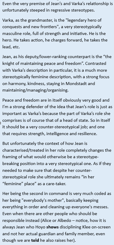 Mesqiri_Draco's tweet photo. This is absolutely spot on! Thank you so much for writing this because it's such an important analysis! 😭 
I hope it's ok to add some thoughts I had.

I think even the very premise of Jean’s and Varka’s relationship is unfortunately steeped in regressive stereotypes: https://t.co/rgMWHNV9Ku