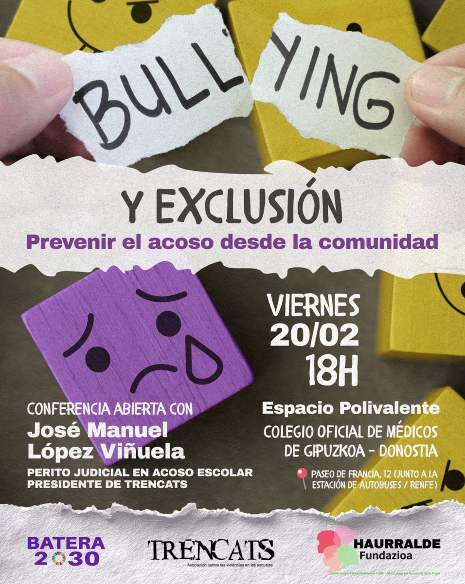 🟣 #Bullying y exclusión: es responsabilidad de toda la comunidad.

Este viernes 20/02 a las 18:00 h te esperamos en el Espacio Polivalente del Colegio Oficial de Médicos de Gipuzkoa (Donostia) para una conferencia abierta en la que yo José Manuel López Viñuela, padre de Kira,