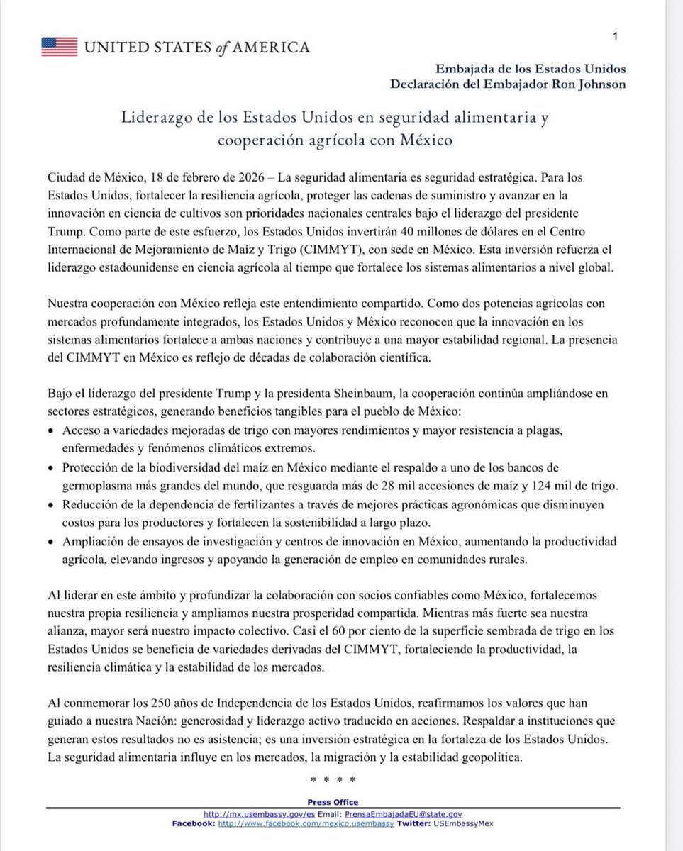 USAmbMex's tweet photo. Liderazgo de los Estados Unidos en seguridad alimentaria y cooperación agrícola con México. 
🇺🇸🇲🇽 https://t.co/ndaGjdWPZb