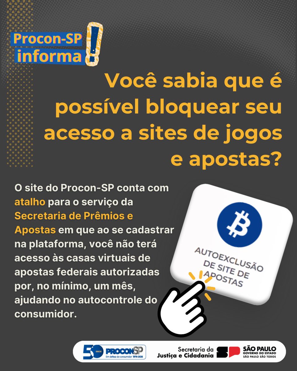proconspoficial's tweet photo. 📷📷 Você sabia? O site do #ProconSP conta com atalho para o serviço da Secretaria de Prêmios e Apostas em que ao se cadastrar na plataforma, você não terá acesso às casas virtuais de apostas federais autorizadas por, no mínimo, um mês, ajudando no autocontrole do consumidor. https://t.co/wOnXUOYbWt