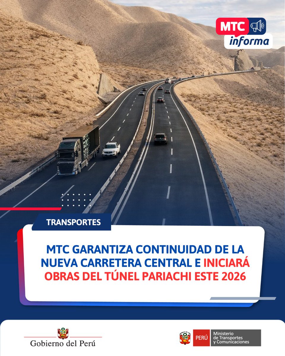 🛣️🇵🇪 El #MTC garantiza continuidad de la Nueva Carretera Central e iniciará obras del túnel Pariachi este 2026 🚧✨

✅ El inicio de la ejecución física del proyecto se incorpora como prioridad estratégica multianual 📅, en beneficio de millones de peruanos 🤝.

💪🏽 Seguimos