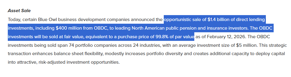 Blue Owl just announced the sale of $1.4 billion of private credit loans (including, gasp, software loans!) to a group of institutional investors at 99.8% of par value.

Meanwhile, its BDC prices imply its loan book at 73-78% of par value.

$OBDC $OTF