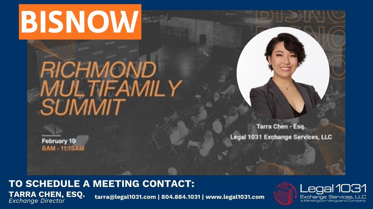 Legal_1031's tweet photo. Join us at the @bisnow Richmond Multifamily Summit on Feb 19! Our own Tarra Chen, Esq. will moderate a discussion on how developers and master‑planned communities are shaping Richmond’s long‑term investment value.
#1031exchange #legal1031exchangeservices #bisnow https://t.co/uHcirIORev