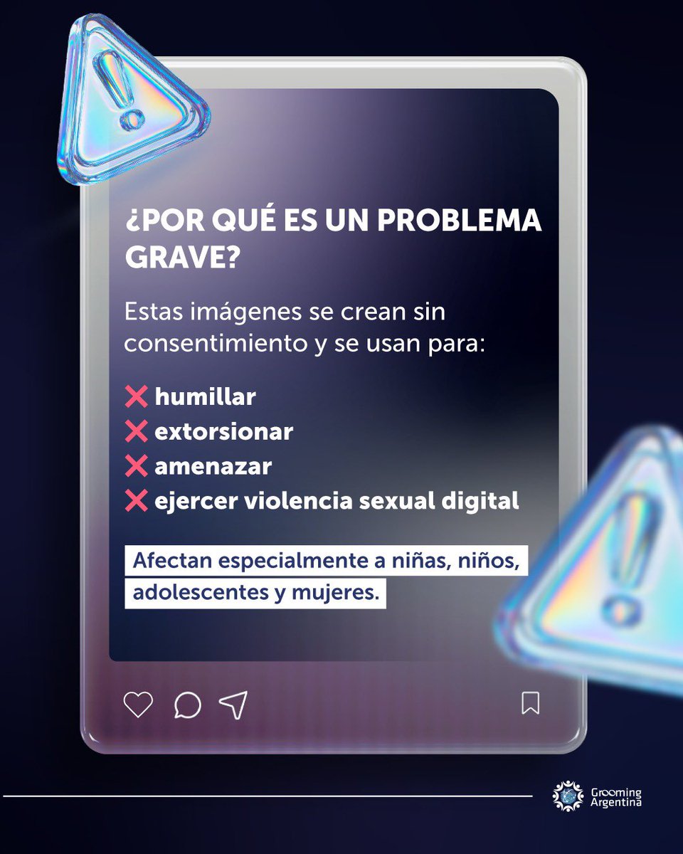 GroomingArg's tweet photo. 🛑 HABLEMOS DE #DEEPNUDE

⚠️ Hoy la #InteligenciaArtificial facilita la violencia contra niñas, niños y adolescentes.

🤖 Las herramientas de #nudificación no son un “mal uso” de la IA: fueron creadas para sexualizar cuerpos sin consentimiento y potenciar la violencia digital.

👨🏻‍💻 Cuando la tecnología se diseña sin límites ni responsabilidad, no innova: vulnera derechos.

 👧🏻 Detrás de cada imagen creada sin consentimiento, hay una niña, un niño o un adolescente cuya dignidad está siendo vulnerada.