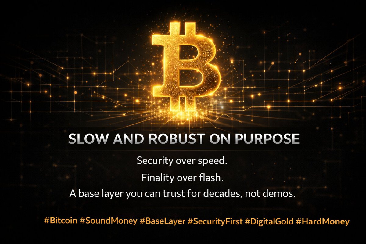Szczawinski1's tweet photo. Bitcoin was built to be slow and robust — on purpose.
Security over speed.
Finality over flash.
A base layer you can trust for decades, not demos.
#Bitcoin #SoundMoney #BaseLayer #SecurityFirst #DigitalGold #HardMoney https://t.co/H1ln46Mkjp