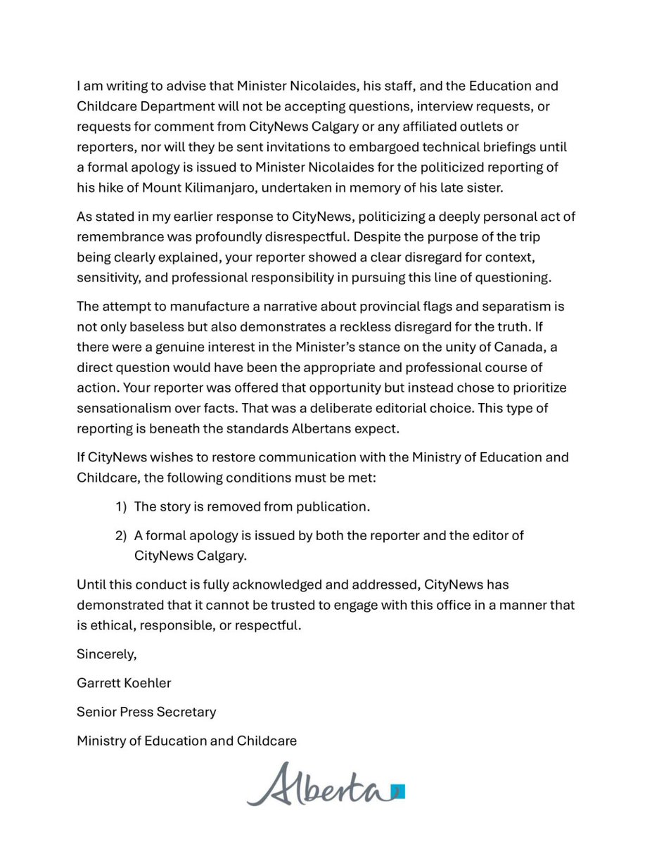 CityNews crossed a line.
They made a calculated editorial decision to exploit a personal moment.

I've informed <a href="/citynewscalgary/">CityNews Calgary</a> that until the story is removed and an official apology is sent, the Ministry will not engage with any of their reporters or sister stations.