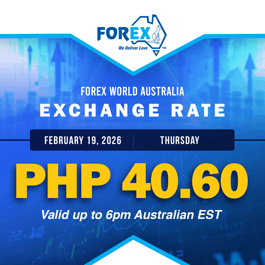 Forex World Australia Exchange Rate February 19, 2026 (Thursday) is PHP 40.60 valid up to 6pm Australian EST.
tinyurl.com/bdfc2wws