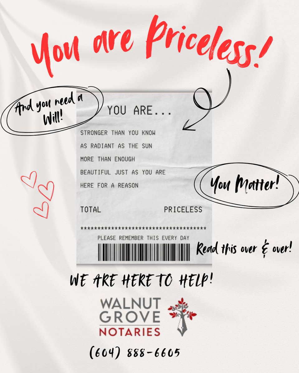 You are priceless.
Stronger than you know.
More than enough.
Here for a reason.
And because you are priceless… you need a Will.
Protect your wishes.
Protect your people.
Wills Wednesday reminder 💛
Walnut Grove Notaries
(604) 888-6605
wgnotaries.com
#WillsWednesday