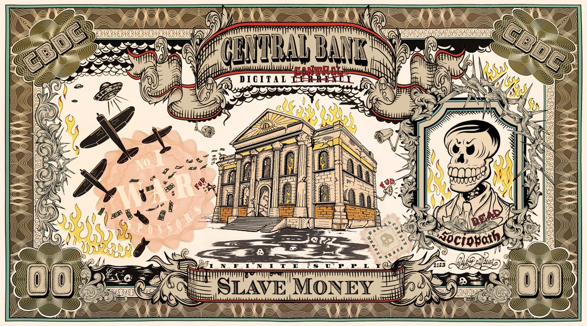 "Slave Money" by <a href="/GusGrillasca/">𝔾𝕦𝕤 𝔾𝔾</a> 

"Giclée print on metallic canvas, featuring digital illustration enhanced with acrylic paint and varnish
The Bitcoin Banknote 2023 depicts the reality of the fiat central bank system. Rampant debt, out-of-control public spending, printing money to