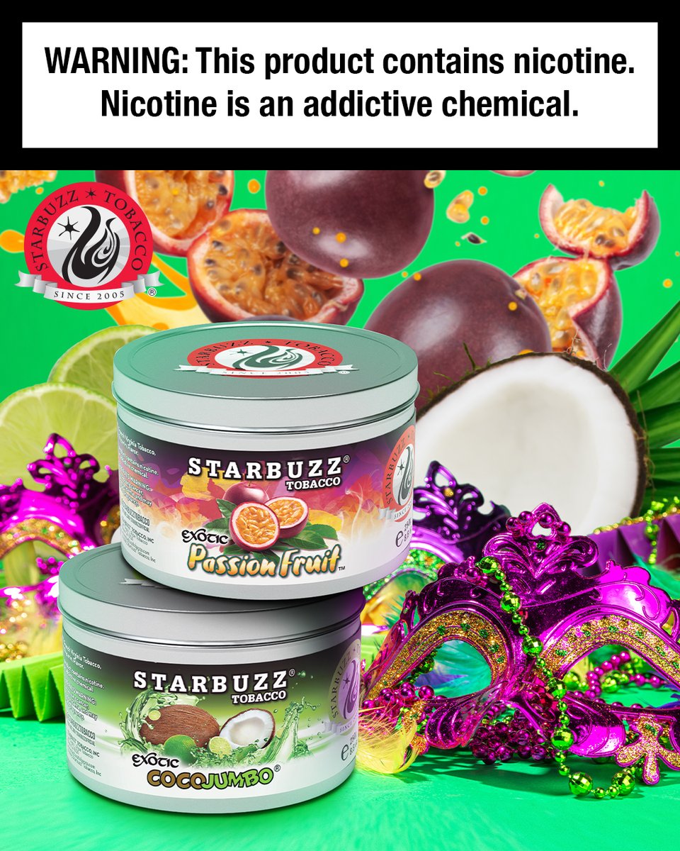 Let your taste buds go loco for Coco Jumbo®and wild with Passion Fruit™ 🎊💃💓🕺🥥🍋‍🟩 Go crazy with a massive variety of top-shelf #hookah flavors from Starbuzz® available from your local #smoke shop and ShopStarbuzz.com #shisha #mardigras #carnival #tobacco #narguile