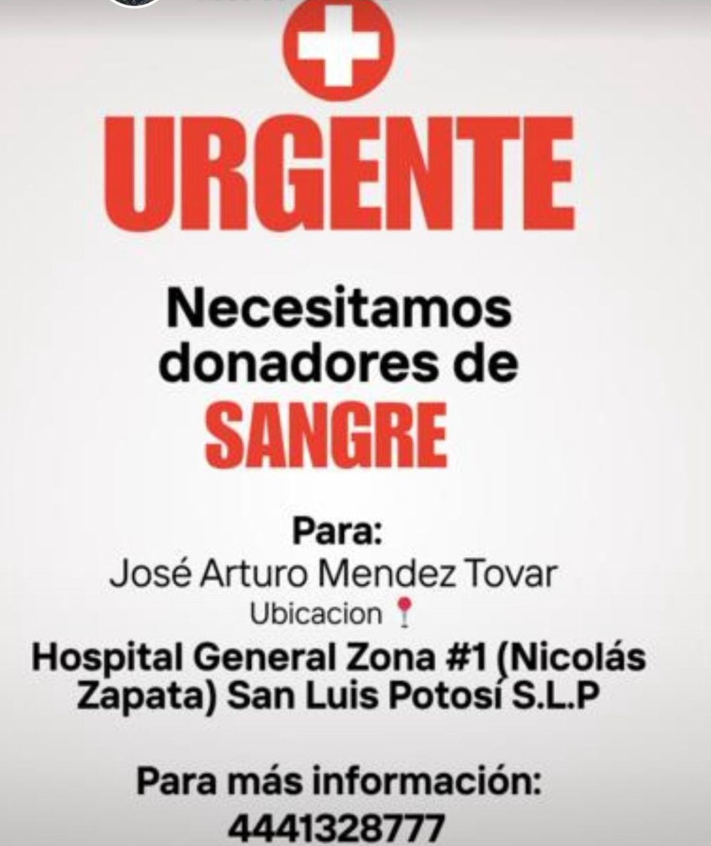Se solicitan donadores de sangre para José Arturo Méndez Tovar

Se encuentra en el Hospital General Zona #1 en Nicolás Zapata, y a quienes puedan donar, se les invita a comunicarse al 4441328777