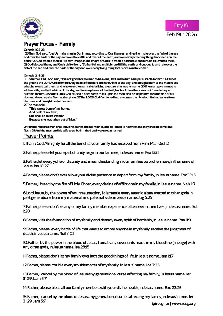 Day 19

Prayer Focus: Family

Text: Genesis 1:26-28, Genesis 2:18-25

#RCCGFast #FastingandPrayers