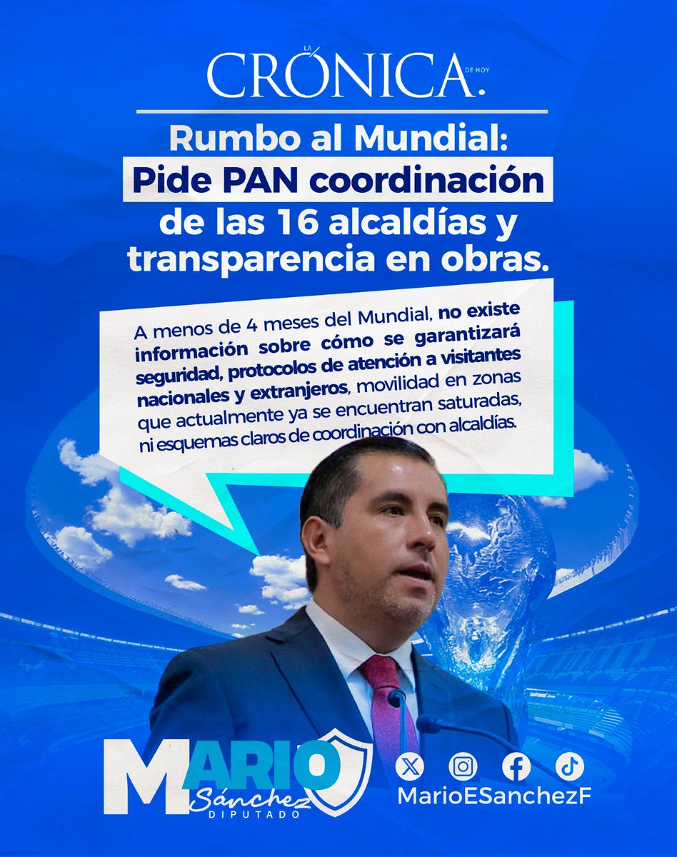 ⚽️ A cuatro meses de que arranque el Mundial en CDMX nos seguimos preguntando: ¿quién garantizará la seguridad, la movilidad, terminación de obras y la atención al turismo?

Por ello propuse un mecanismo de coordinación institucional, que garantice beneficios reales y resuelva de