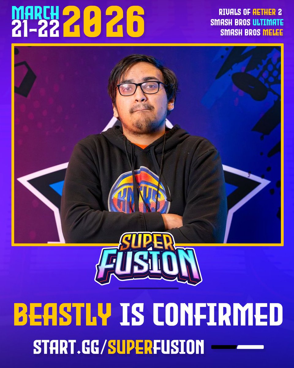 FusionWeekly's tweet photo. The BEAST has just leveled up!
Fresh off of a Genesis win, @BeastlyDFW makes his way to #SuperFusion to keep the streak going!
🗓️ March 21–22
🎮 Ultimate, RoA2, Melee
⏱️ 256 per game | 512 cap | Redemption Bracket
📋 https://t.co/6KsmPBYe63 https://t.co/YCqOa442sb