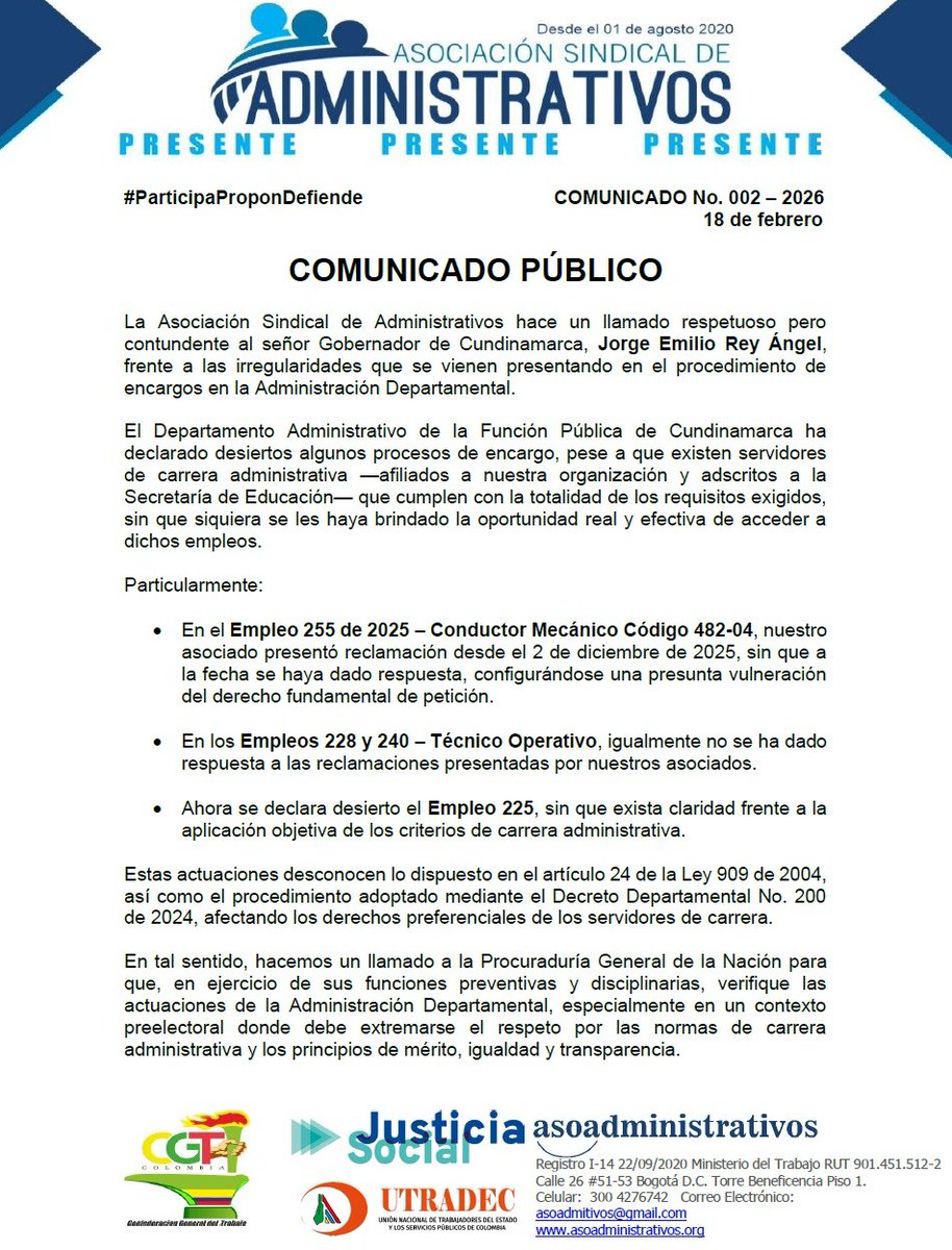 MATRUJILLOS's tweet photo. Señor @JorgeEmilioRey @CundinamarcaGob denunciamos irregularidades en los encargos y el incumplimiento del derecho de petición. La carrera administrativa no es discrecional, es un derecho. @PercyOyola_CGT @CGTCol @UTRADECC @PGN_COL @cnsc https://t.co/HRKDr4uOru