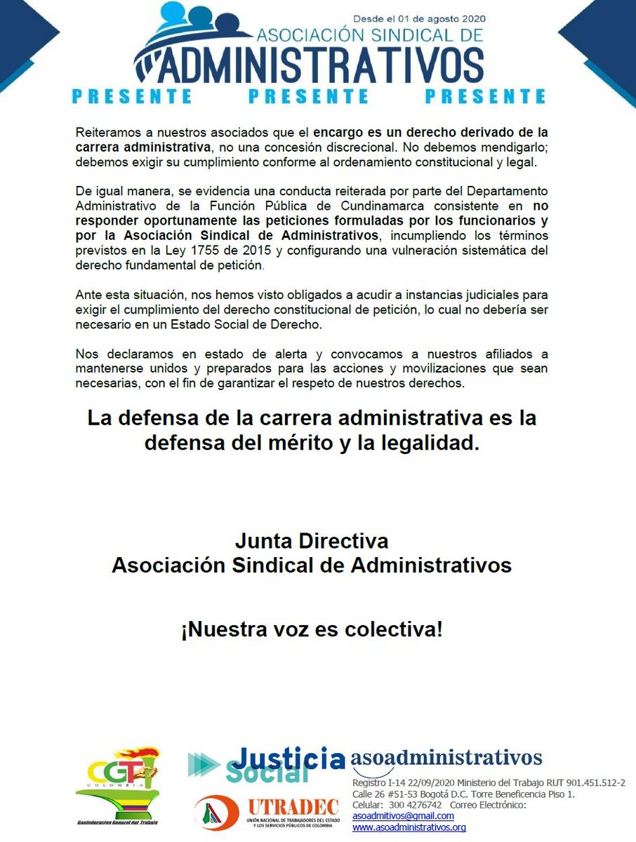 MATRUJILLOS's tweet photo. Señor @JorgeEmilioRey @CundinamarcaGob denunciamos irregularidades en los encargos y el incumplimiento del derecho de petición. La carrera administrativa no es discrecional, es un derecho. @PercyOyola_CGT @CGTCol @UTRADECC @PGN_COL @cnsc https://t.co/HRKDr4uOru