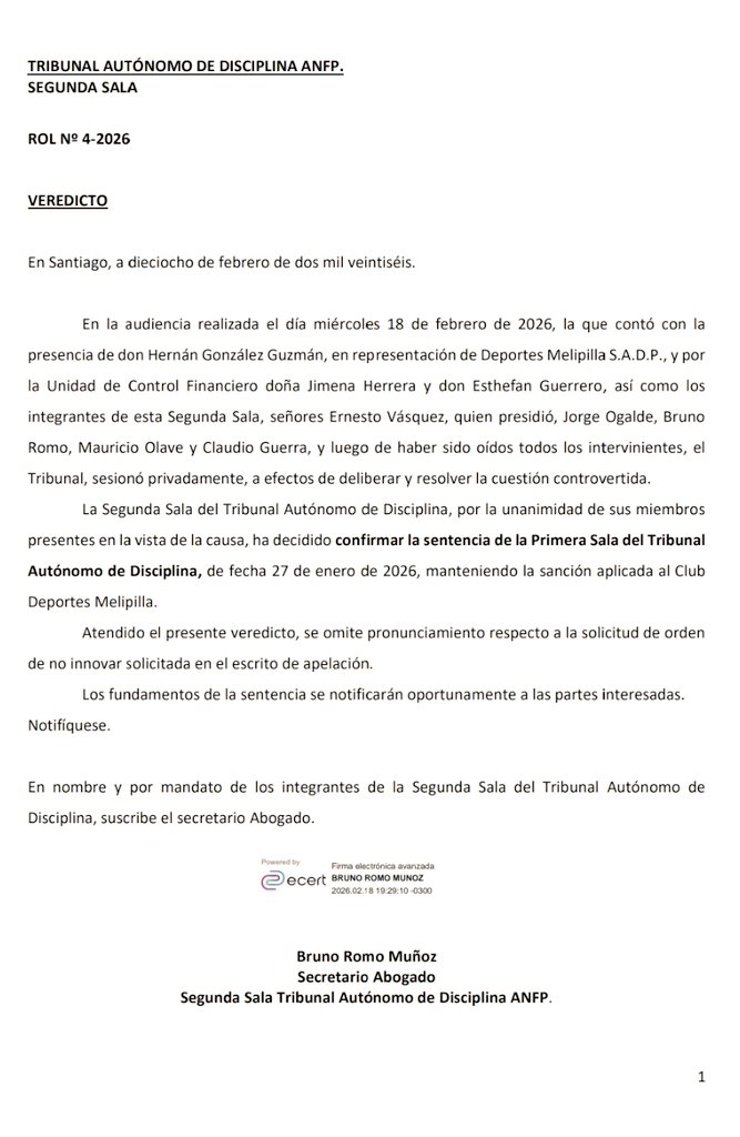 2da Sala del Tribunal de Disciplina confirmó la pérdida de categoría de Deportes Melipilla, ratificando el fallo de primera instancia. Con esto ANFA programará el partido entre Deportes Lota Schwager y Comunal Cabrero para disputar cupo de Ascenso a Segunda División. <a href="/Cooperativa/">Cooperativa</a>