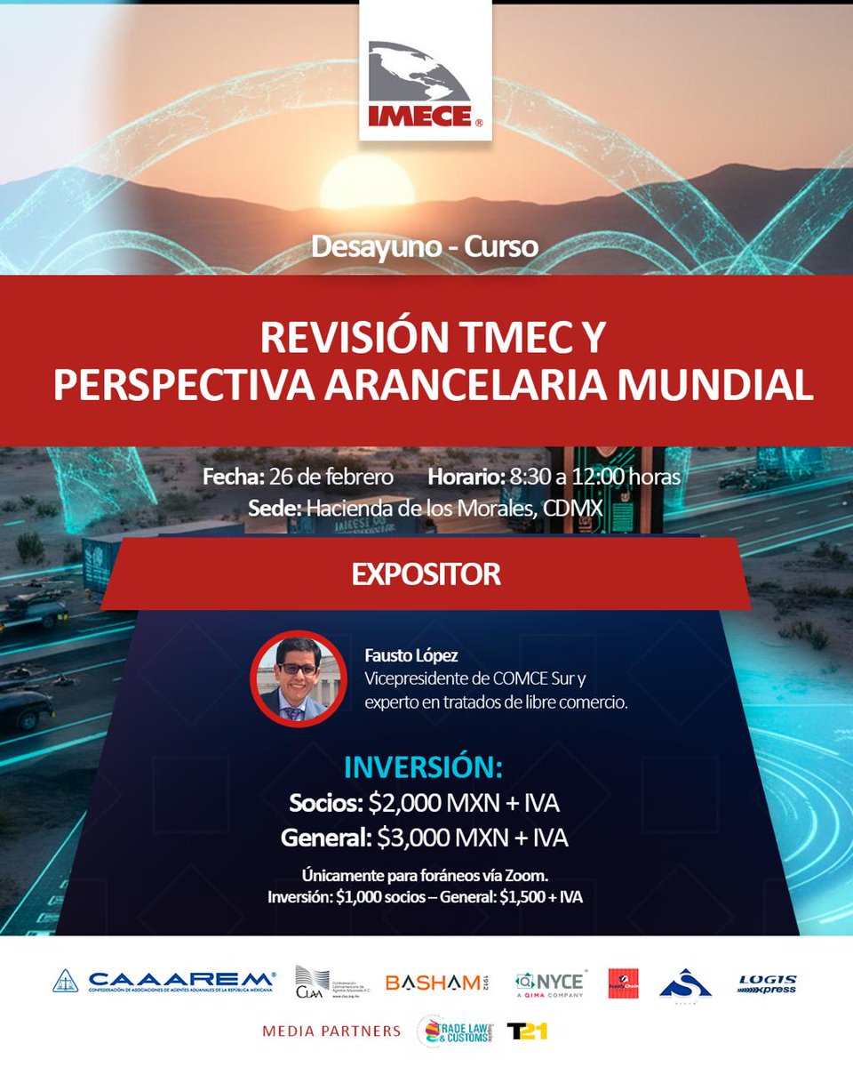 Conoce los principales elementos, tiempos y posibles escenarios a presentarse en la próxima revisión del Tratado en Julio 2026, así como la situación actual arancelaria de EUA y México con el resto del mundo

Más información:
📧 eferrer@imece.org.mx
📞 55-5536-3700 / 55-4058-3100