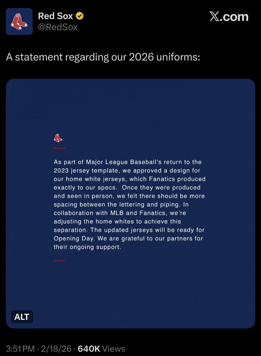 End_Fanatics's tweet image. I cannot get over how the Boston Red Sox put out a tweet blaming fanatics incompetence for botching the stitching of their jersey, moments later deleted the tweet and put out a new one completely glazing and defending them. Just a hysterical PR nightmare for fanatics #EndFanatics