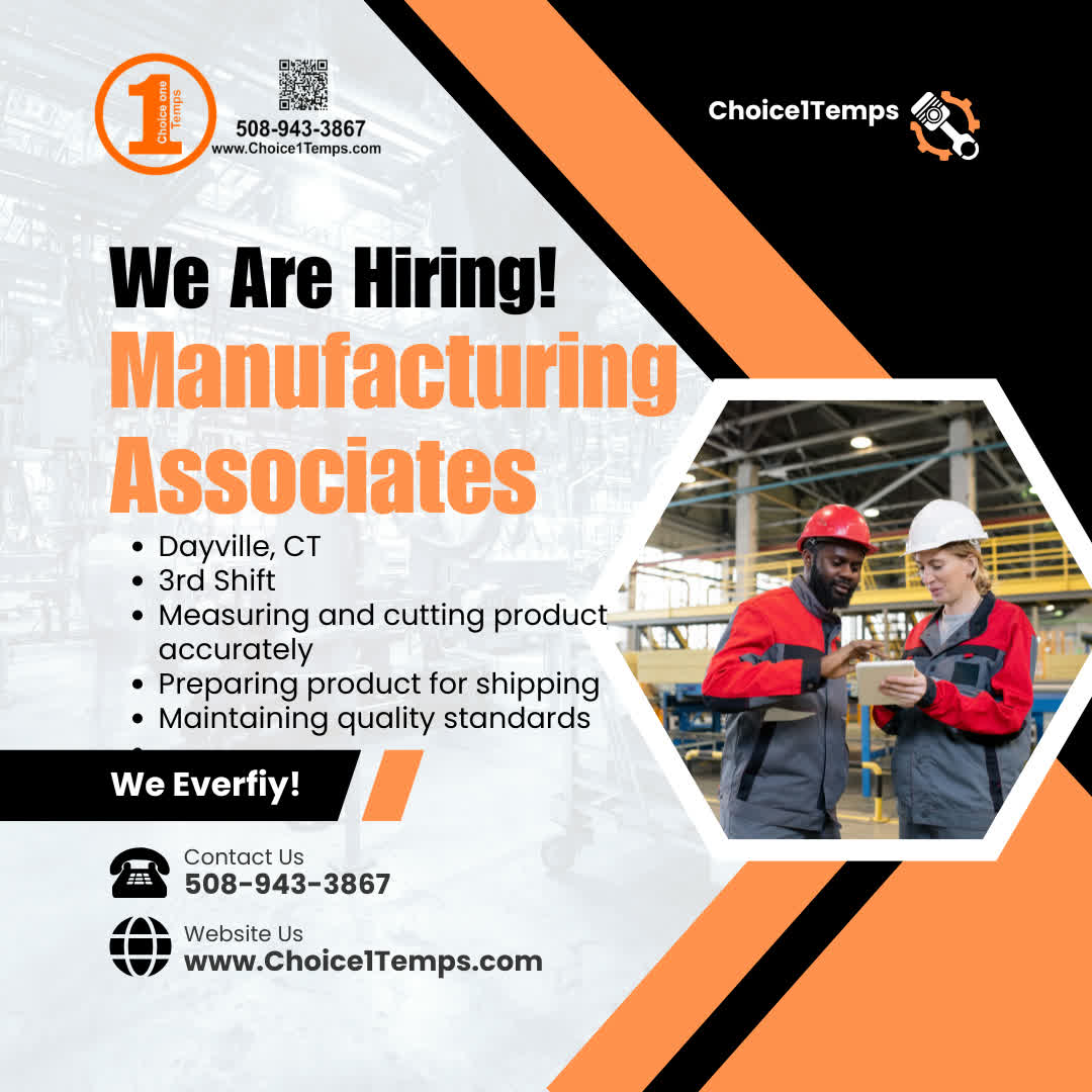 Choice1Temps's tweet photo. 🏭✨ NOW HIRING: Manufacturing Associates – 3rd Shift ✨🏭
📍 Location: Dayville, CT

A busy medical device manufacturer in northeast Connecticut is hiring ... https://t.co/QvrVHr7YeA

#NowHiring #DayvilleCT #ManufacturingJobs #ThirdShift #TempToHire #Choice1Temps https://t.co/QHTCDc4rHz