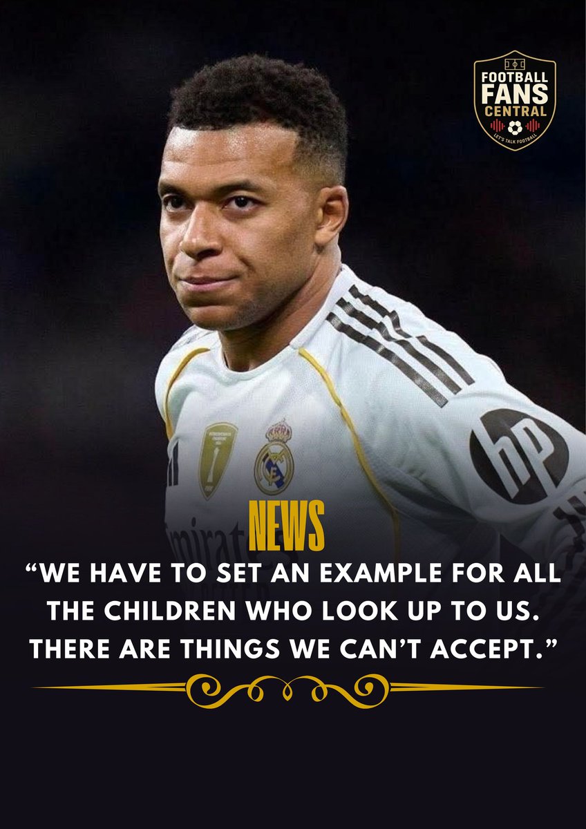 FootballFansCen's tweet photo. Kylian Mbappé speaks out after the racist incident
“We have to set an EXAMPLE FOR ALL THE CHILDREN who look up to us.” “There are things we CAN’T ACCEPT.”
A powerful stand from a global icon, reminding football that responsibility goes beyond the pitch. Zero tolerance for racism. https://t.co/YUwyZM4NCz
