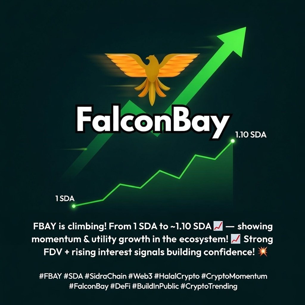 Sdamarketonline's tweet photo. FBAY is climbing! From 1 SDA to ~1.10 SDA 📊 — showing momentum &amp; utility growth in the ecosystem! 📈 Strong FDV + rising interest signals building confidence! 💥

 #FBAY #SDA #SidraChain #Web3 #HalalCrypto #CryptoMomentum #FalconBay #DeFi #BuildInPublic #CryptoTrending https://t.co/UJmheiirCi
