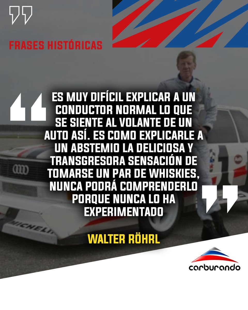 CarburandoTV's tweet image. 💬 Walter Röhrl, bicampeón del Rally Mundial, es nuestro protagonista en la #FraseHistórica de hoy, cuando quiso explicar lo que era manejar el mítico Audi Quattro S1 del Grupo B.

#Rally #GrupoB