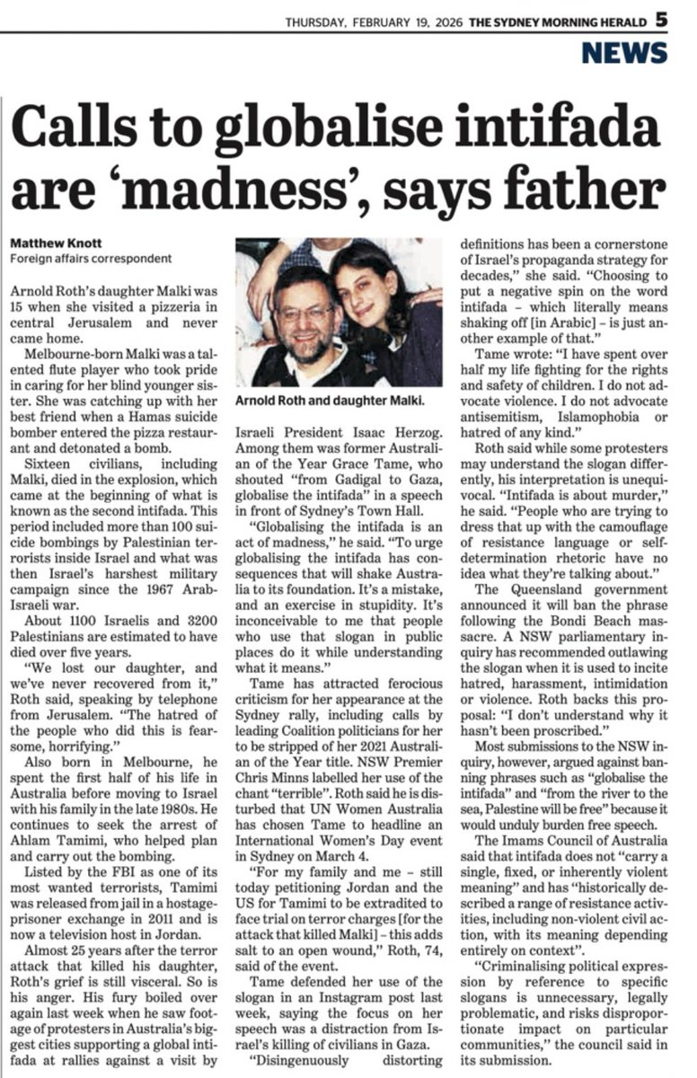 Arnold Roth's 15-year-old Melbourne-born daughter Malki was murdered by Palestinian terrorists in a 2001 suicide bombing in Jerusalem. <a href="/arnoldroth/">Arnold Roth</a> explains how Grace Tame’s calls to “globalise the intifada” have grim consequences.

Read his interview with <a href="/KnottMatthew/">Matthew Knott</a> in SMH: